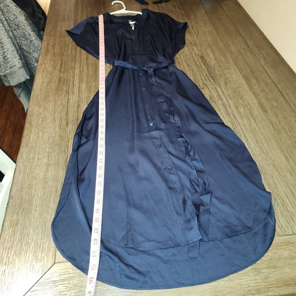 Quince Washable Stretch Silk Midi Shirt Dress NWT Navy Med - Picture 2 of 6